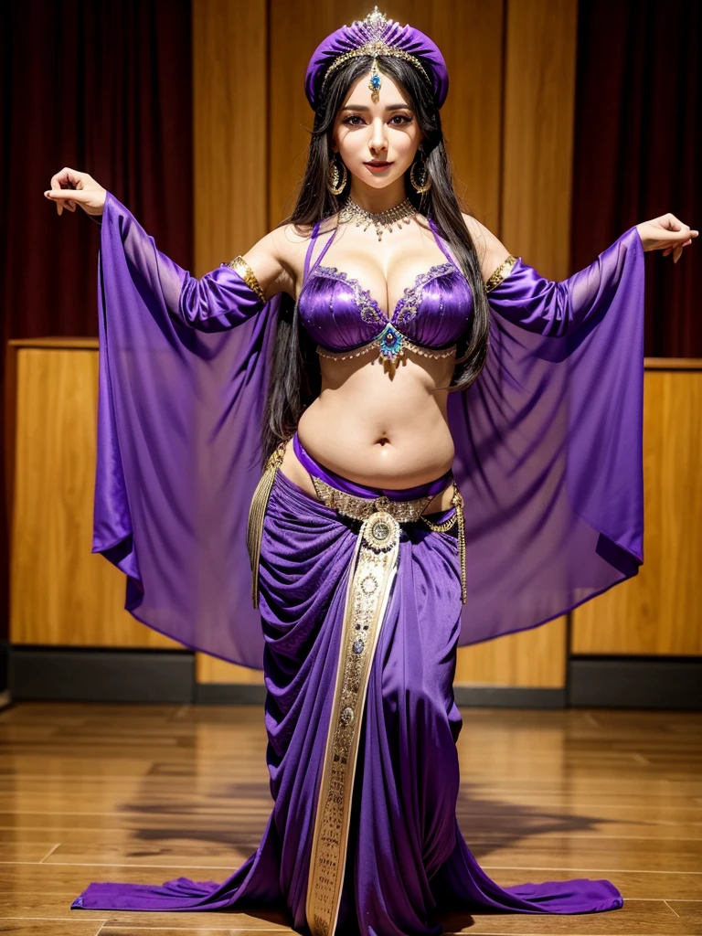 8K,Highest quality,Arabian woman in purple and purple outfit standing on wooden floor, Belly dance, Outfit with blue accents, beautiful costume, Beasts, She is dressed as a belly dancer, Black and purple outfit, gracefully Belly dance pose, Mr.々A pose, Bejeweled costumes, Full body wide shot, This habit, Arabian Princess, !!beautiful!