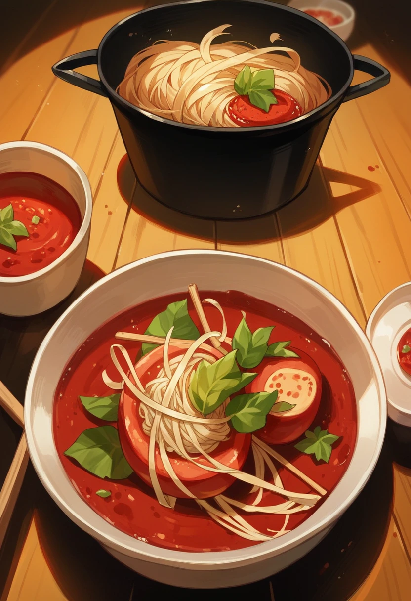 A pot on the fire、A lot of noodles、Red soup、Chili pepper、Reduce the amount of pot