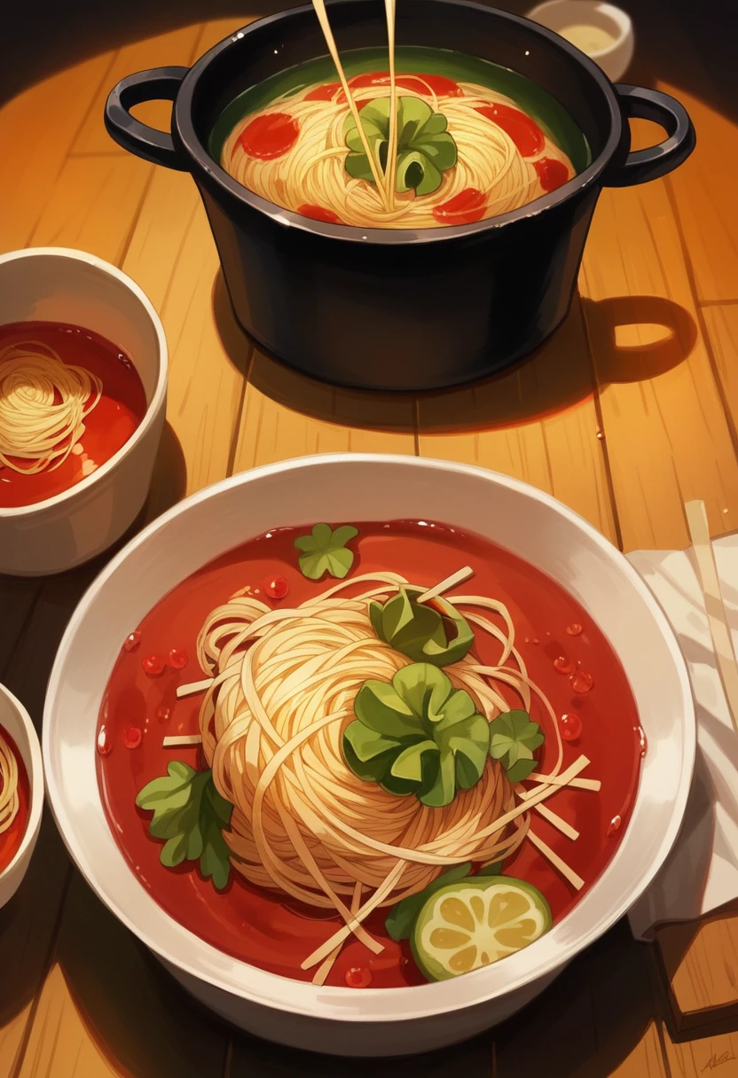 A pot on the fire、A lot of noodles、Red soup、Chili pepper、Reduce the amount of pot