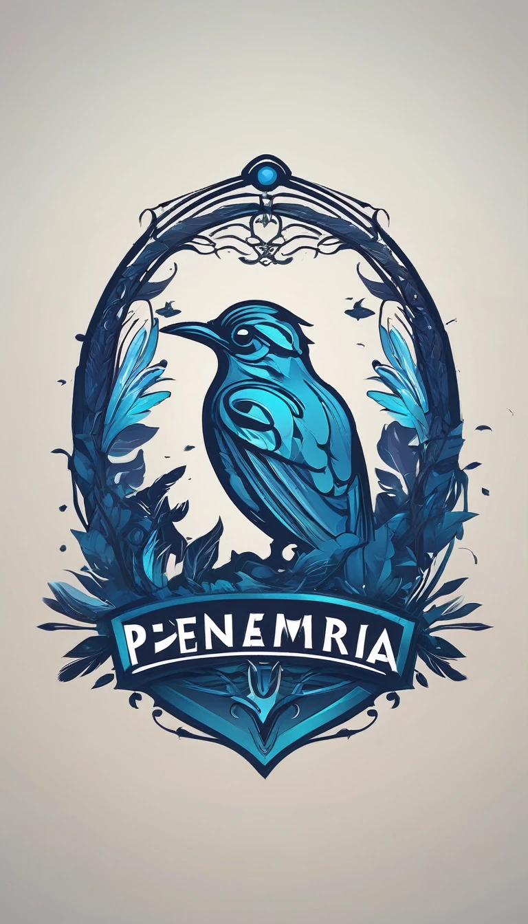 Create a minimalistic, simple, fantastic, easy to understand, logo design for an upcoming Fantasy Role Playing Game called " Penamemoria". The game is about a world full of bird and feathers. A boy enters that world and discovers his true artistic identity. Create a logo design that transmits the essence of this videogame. It´s a fantasy game, with fantasy elements. Create the logo in the center and a fantasy theme as background. Use the colours blue, white, yellow in the logo. The logo design must convey a sense of fantasy, dreams and music. Must convey a feeling of being a true Dreamer