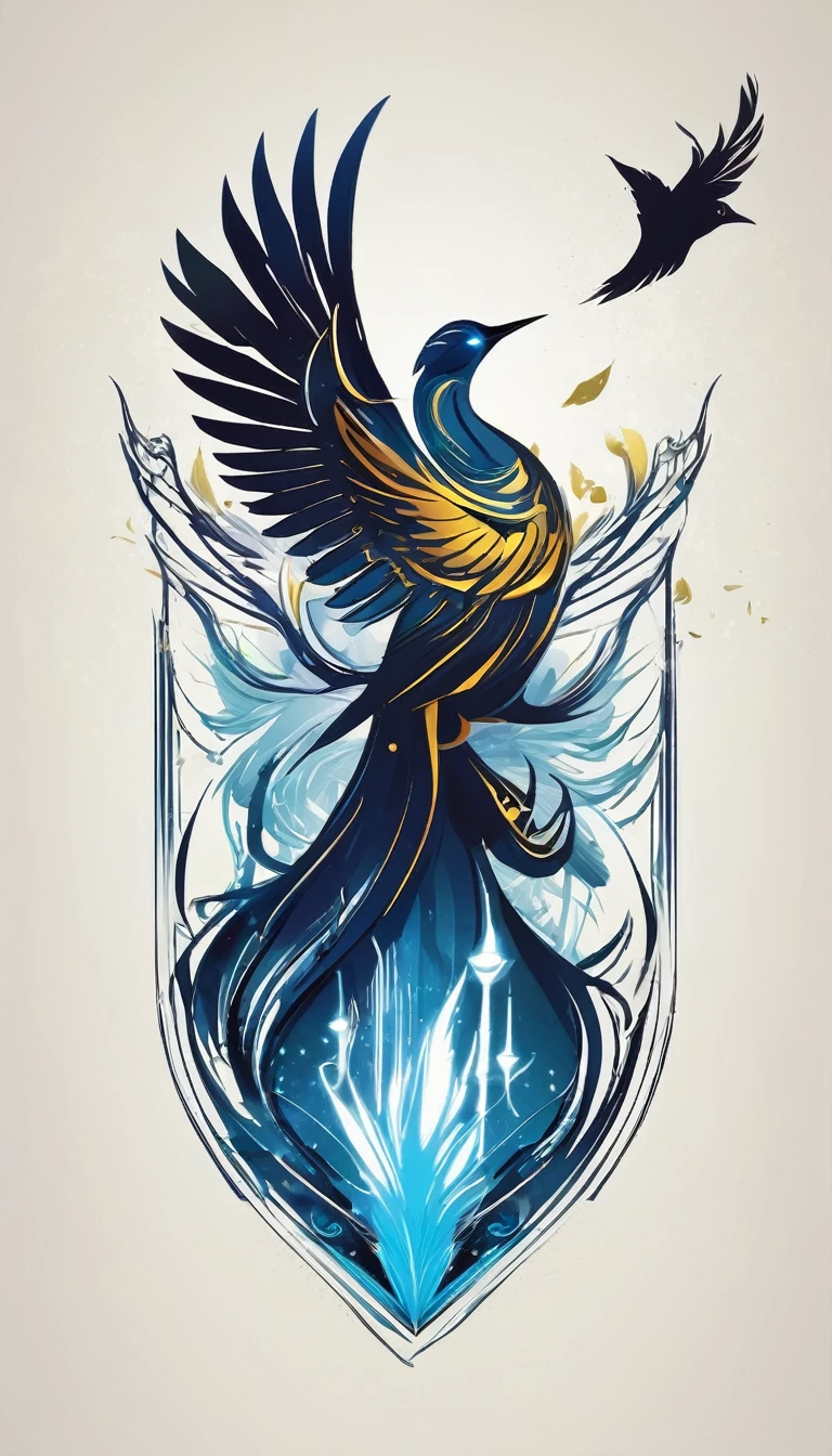 Create a minimalistic, simple, fantastic, easy to understand, logo design for an upcoming Fantasy Role Playing Game called " Penamemoria". The game is about a world full of bird and feathers. A boy enters that world and discovers his true artistic identity. Create a logo design that transmits the essence of this videogame. It´s a fantasy game, with fantasy elements. Create the logo in the center and a fantasy theme as background. Use the colours blue, white, yellow in the logo. The logo design must convey a sense of fantasy, dreams and music. Must convey a feeling of being a true Dreamer