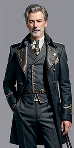 A grizzled old (50-year old) steampunk police officer wearing Victorian clothes; silver buttons, silver hem.