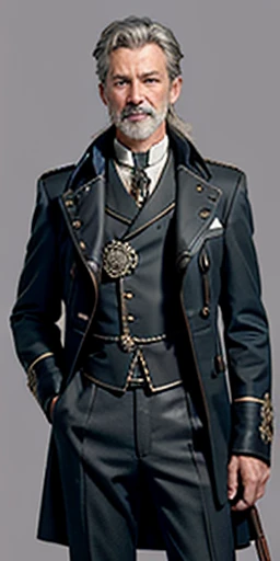 A grizzled old (50-year old) steampunk police officer wearing Victorian clothes; silver buttons, silver hem.