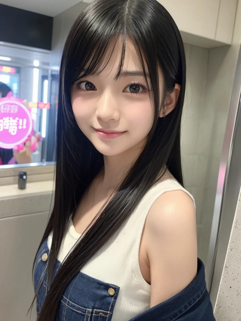 resembling a Japanese idol or J-pop girl group member, with a face like a beautiful anime cosplayer. She has black, straight hair. The photograph has a casual, snapshot quality, with the girl posing for a selfie in a stylish, modern setting. The image captures a clear, her face with a slightly smile expression, emphasizing her kawaii features and Y2K aesthetic, in a woman toilet.