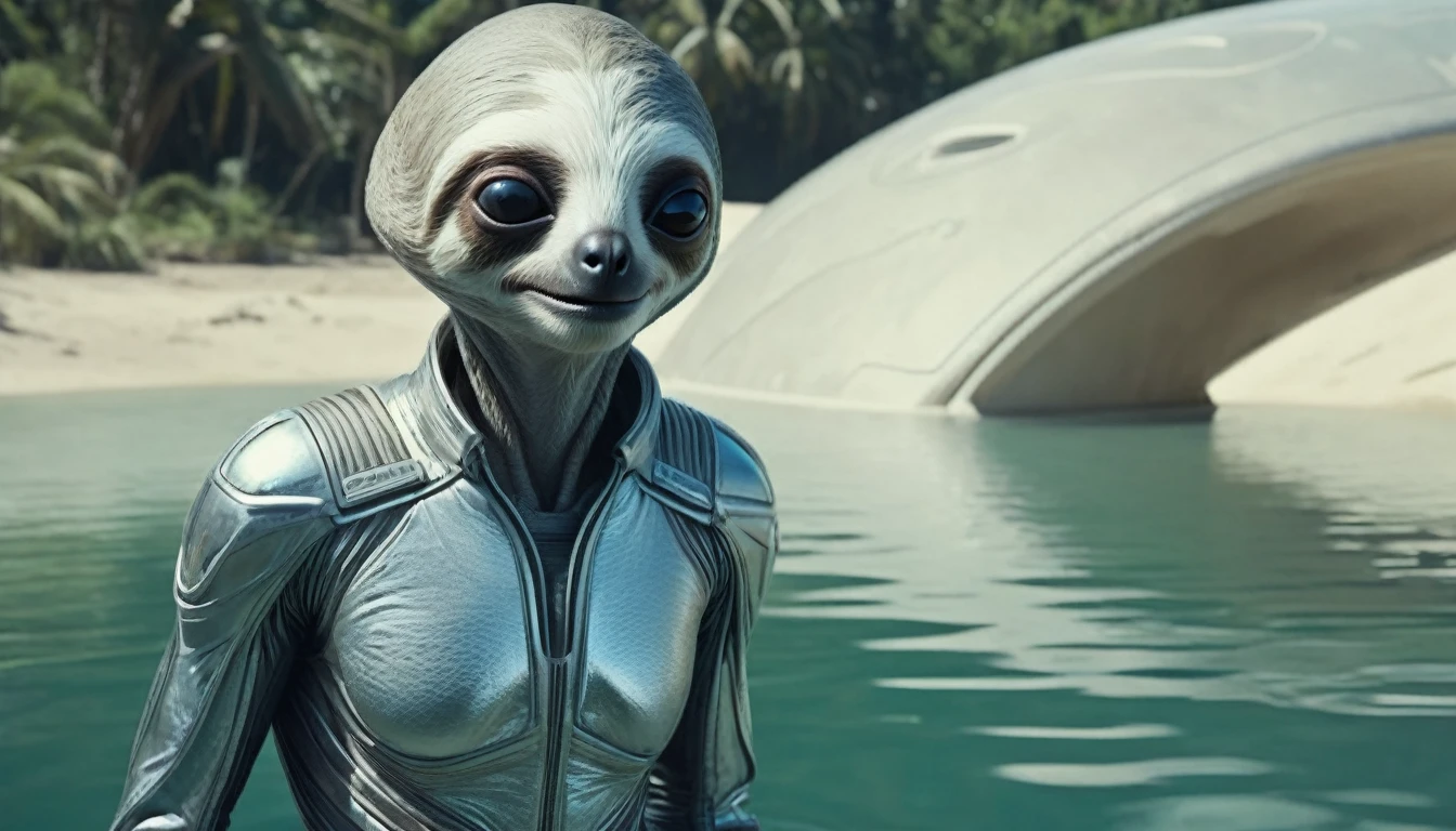 (Dead grey alien in a silver jumpsuit, Big head, Slim body:1.4), and (Sloth Alien:1.3), accident, (Lying in a crashed spaceship:1.4), Hatch open, Spacecraft flooded with lagoon water, (Rural Areas: 1.3) (Highest quality, 4K, High resolution, masterpiece: 1.2), Super detailed, High resolution, Professional, SF wind, (Cinematic:1.3) ,Dramatic lighting