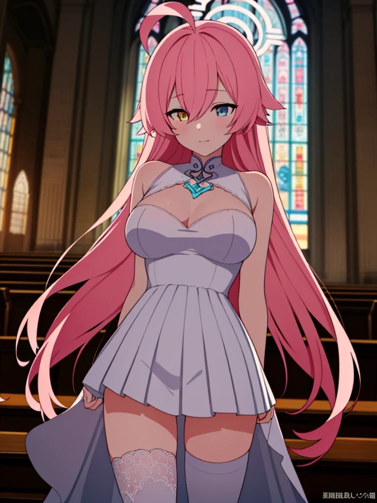 A girl，Long hair, Bangs, Pink Hair, Hair between the eyes, s eyes，蓝色s eyes:（1.5),  (Large Breasts:1.2), 
rest  锁骨, Wedding dress，veil，wedding，White Dress，Flowers，The skirt is broken，White socks，Tights，White knee socks，
Looking at the audience, whole body,
indoors, church，permanent，permanent，
rest (masterpiece:1.2), best quality, high resolution, Unity 8K wallpaper, (illustration:0.8), (美丽细致s eyes:1.6), Extremely detailed face, Perfect lighting, Extremely detailed CG, (Perfect hands, Perfect anatomical structure),