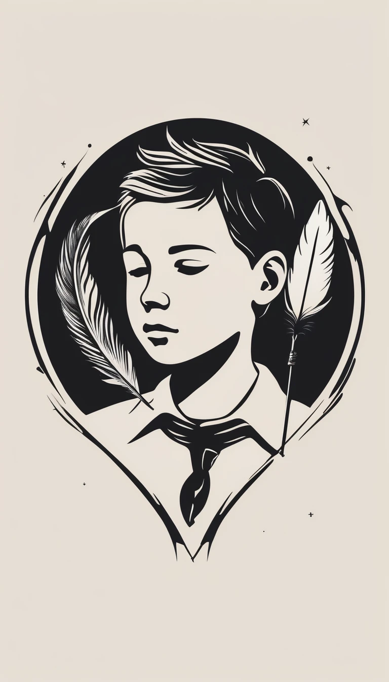 A minimalist, fantastic, poetic, dreamy, captivating, memorable, masterpiece, modern, simple logo design of a boy and a feather for the brand “Penamemoria". The logo must convey a sense of music, stories and dreams. Minimalistic logo design of a boy and a feather.