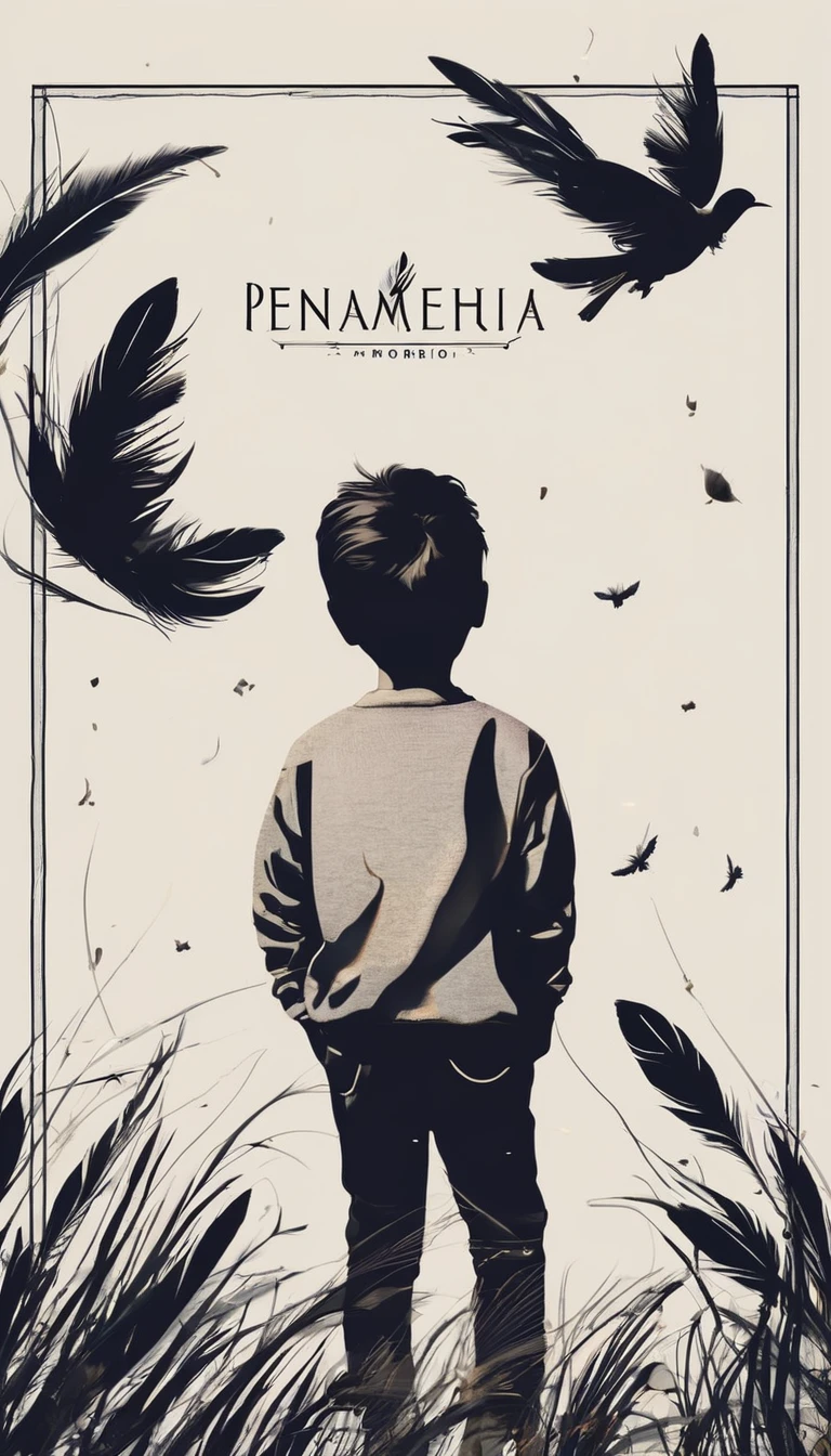 A minimalist, fantastic, poetic, dreamy, captivating, memorable, masterpiece, modern, simple logo design of a boy and a feather for the brand “Penamemoria". The logo must convey a sense of music, stories and dreams. Minimalistic logo design of a boy and a feather.