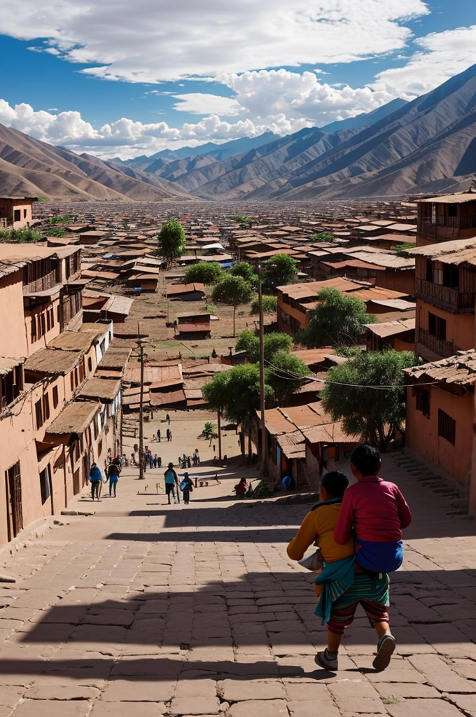 Ayacuchoans close to the screen performing actions such as carrying a  and cooking on the floor with a place similar to Ayacucho in the background, all animated and drawn. 