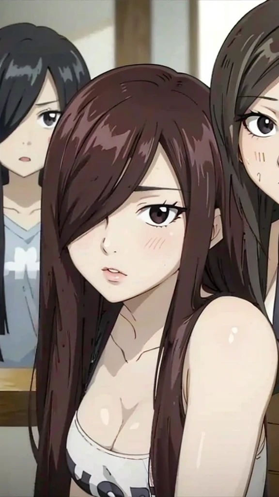 Mommy with 4 daughter,black hair, long hair, (hair over one eye:1.4), messy hair, hair between eyes, chubby cheek,Sexy lips, pucker lips