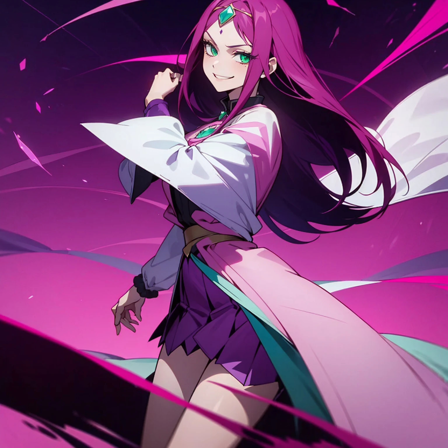 1 girl, dark pink hair, green eyes, beautiful girl, villain, SMILE, psychopath, psychopath smirk, Straight hair, (((noble cloth))), Short skirt, purple fabric, with a gem on the forehead