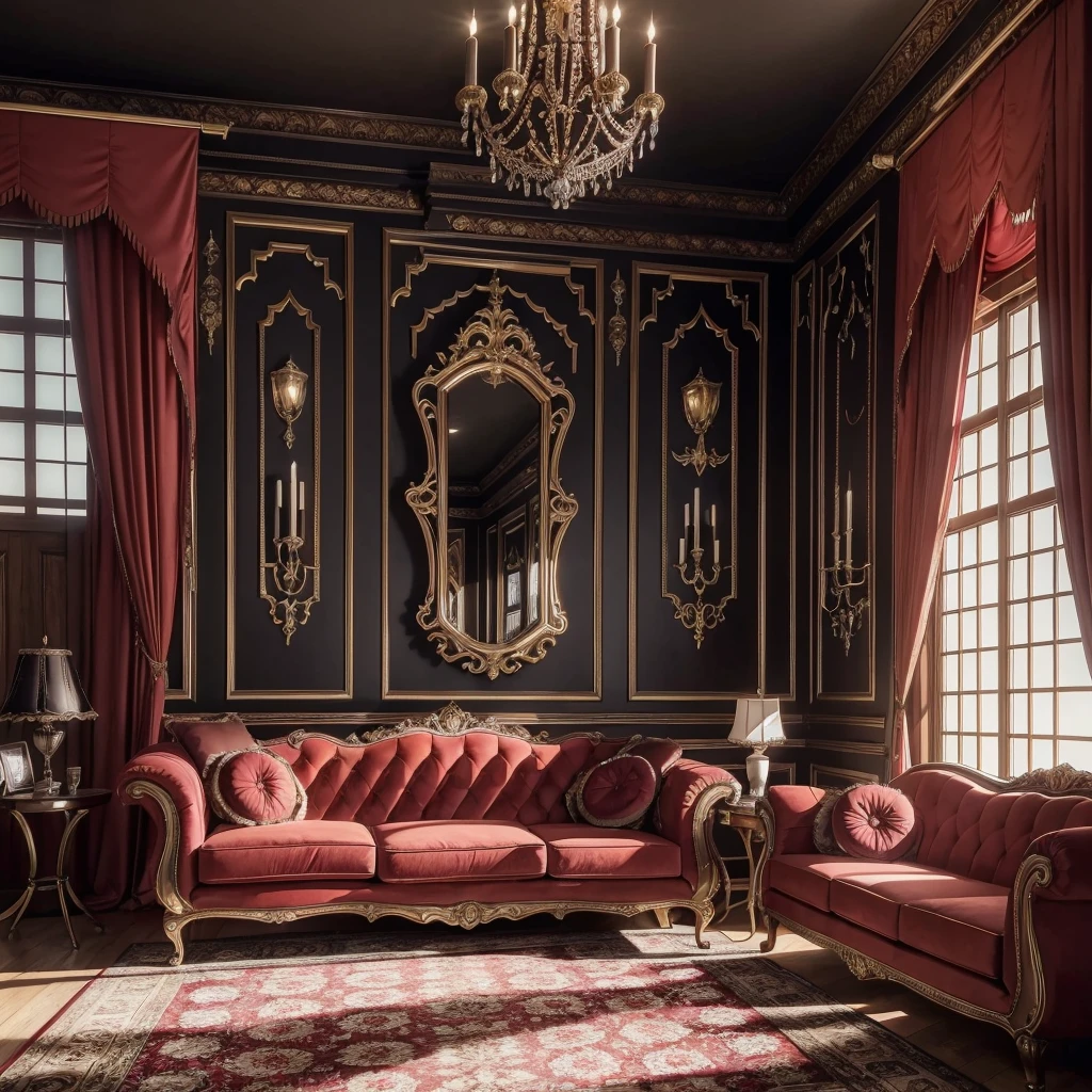 a highly detailed and realistic Dracula's castle vintage living room, large windows with late afternoon sunlight, suede red sofas, tv set, intricate textures, warm color tones, HDR, 8K, photorealistic, masterpiece, cinematic lighting, elegant and refined interior design, must show Dracula the vampire looking menacing, blood on his fangs