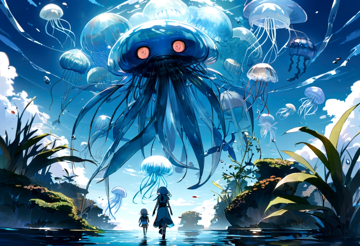 (Translucent aliens), walking, Hands and feet, Big eyes, Water monster, (humanoid), Light, blue Light, jellyfish, Ocean, Aquatic plants