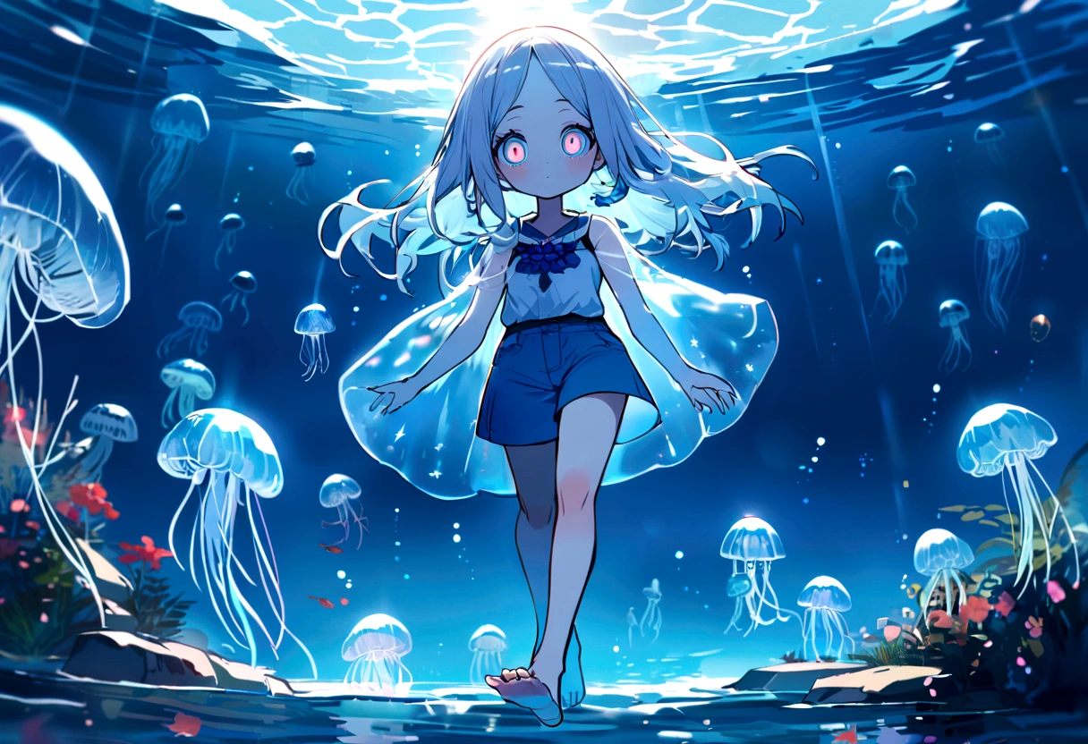 (Translucent aliens), walking, Hands and feet, Big eyes, Water monster, (humanoid), Light, blue Light, jellyfish, Ocean, Aquatic plants