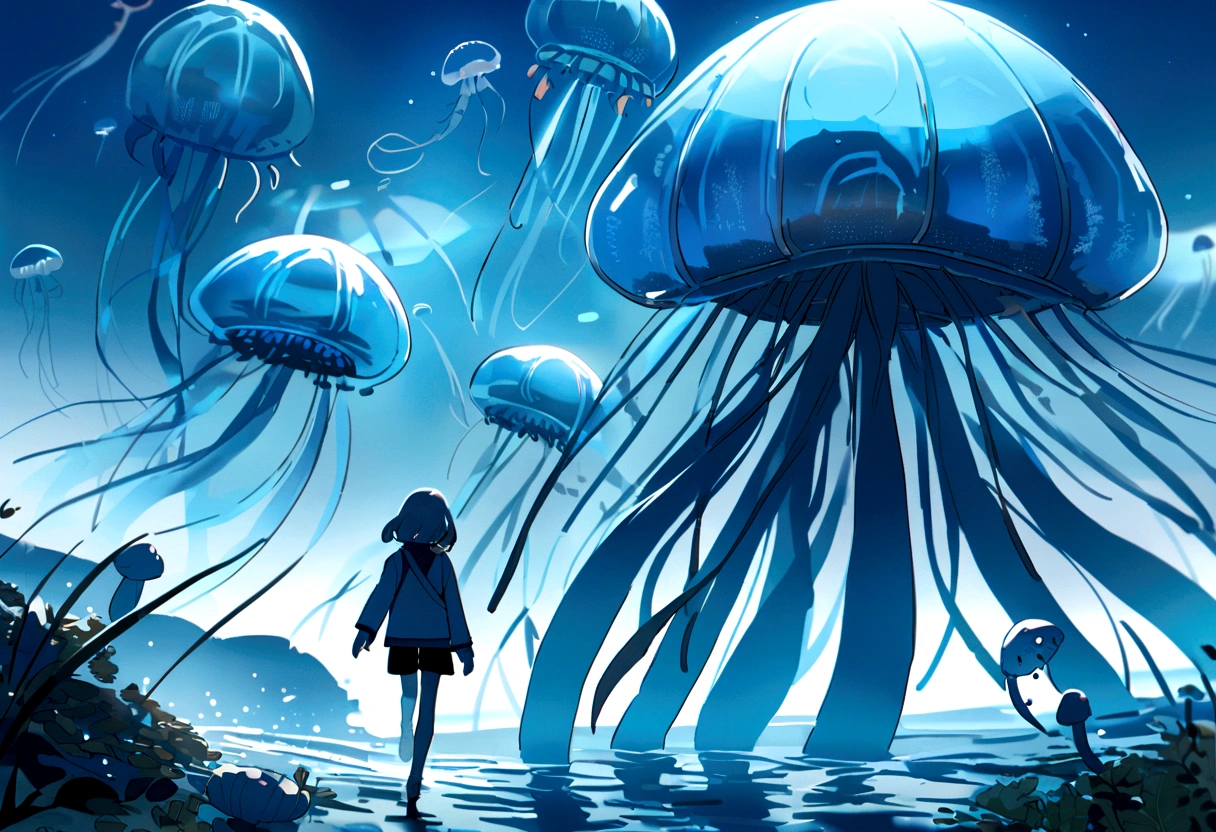 (Translucent aliens), walking, Hands and feet, Big eyes, Water monster, (humanoid), Light, blue Light, jellyfish, Ocean, Aquatic plants