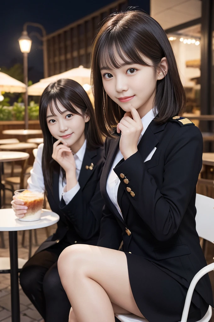 (Two slim girls with small breasts、Wearing a winter blazer、There is a girl with long hair and plain bangs. 、Close-up portrait of a short-haired girl in a winter blazer uniform:1.5)、(Sit on a chair、Two girls eating strawberry cake with small smiles on the terrace of a cafe:1.3)、(Night Cafe :1.3)、(Perfect Anatomy:1.3)、(Complete Hand:1.3)、(Full Finger:1.3)、Photorealistic、Raw photo、Tabletop、Highest quality、High resolution、Delicate and beautiful、Perfect Face、Beautiful attention to detail、Fair skin、Real human skin、pores、((Thin legs))、(Black Hair)