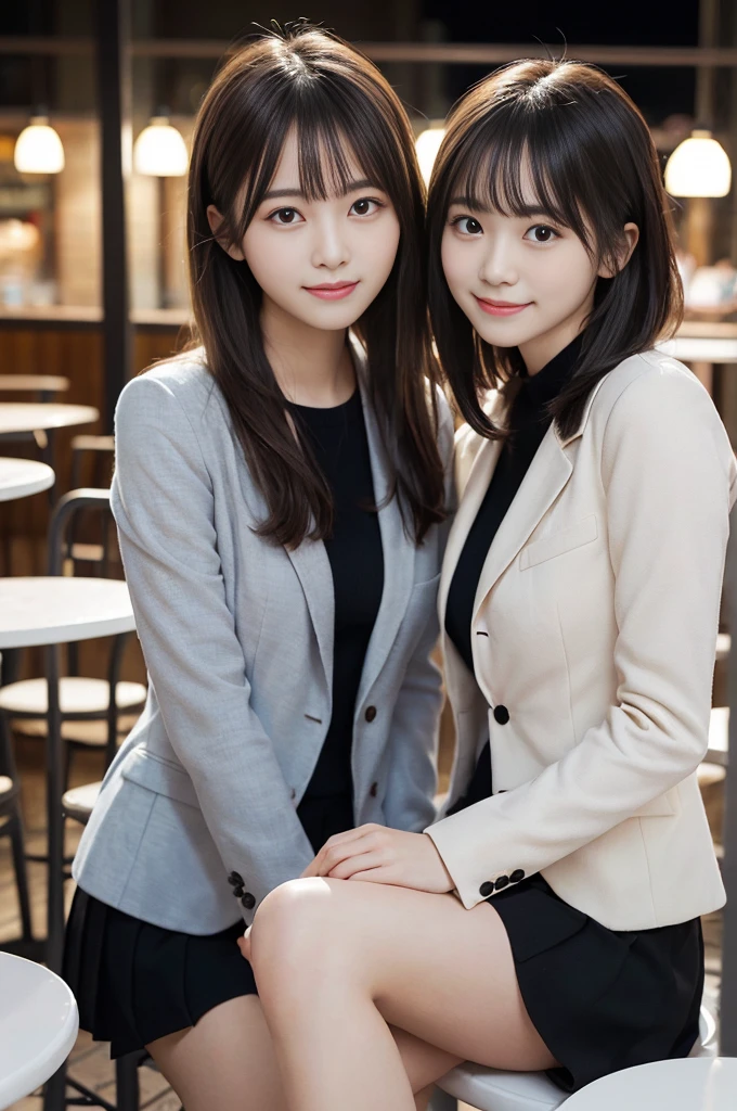 (Two slim girls with small breasts、Wearing a winter blazer、There is a girl with long hair and plain bangs. 、Close-up portrait of a short-haired girl in a winter blazer uniform:1.5)、(Sit on a chair、Two girls eating strawberry cake with small smiles on the terrace of a cafe:1.3)、(Night Cafe :1.3)、(Perfect Anatomy:1.3)、(Complete Hand:1.3)、(Full Finger:1.3)、Photorealistic、Raw photo、Tabletop、Highest quality、High resolution、Delicate and beautiful、Perfect Face、Beautiful attention to detail、Fair skin、Real human skin、pores、((Thin legs))、(Black Hair)