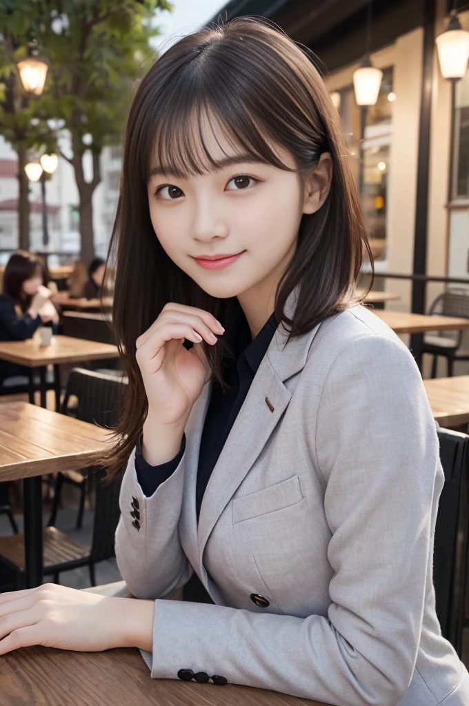 (Two slim girls with small breasts、Wearing a winter blazer、There is a girl with long hair and plain bangs. 、Close-up portrait of a short-haired girl in a winter blazer uniform:1.5)、(Sit on a chair、Two girls eating strawberry cake with small smiles on the terrace of a cafe:1.3)、(Night Cafe :1.3)、(Perfect Anatomy:1.3)、(Complete Hand:1.3)、(Full Finger:1.3)、Photorealistic、Raw photo、Tabletop、Highest quality、High resolution、Delicate and beautiful、Perfect Face、Beautiful attention to detail、Fair skin、Real human skin、pores、((Thin legs))、(Black Hair)