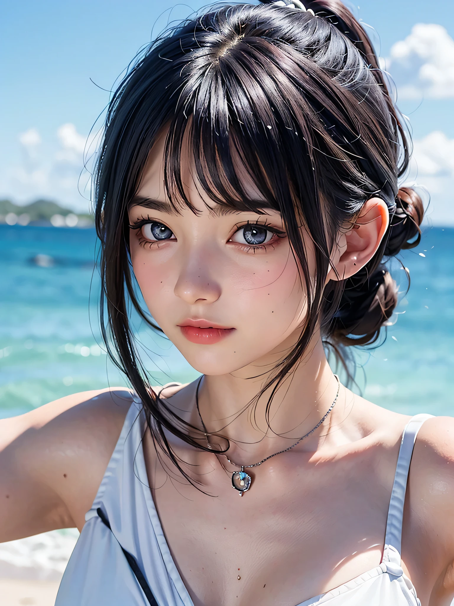 One Girl,(1人のとてもcute女の子:1.3),masterpiece,Highest quality,High resolution,Photorealistic,RAW Photos,Ray Tracing,beautiful girl,(15 years old:1.3),cute,Big eyes,(detailed pupils:1.2),(The face is facing straight ahead:1.3),Body facing forward,Beautiful nose,Fuller lips,Short black hair,ponytail,short hair,Detailed eyelashes,Thin eyebrows,Very fine grain definition,(Symmetrical eyes:1.3),(Face close-up,Face Focus:1.0),Small breasts,Short neck,White swimsuit,White Bikini,The background is the sea,Southern Island,Blue sky,White cloud,Portrait,View Viewer,Upper Body,Cinema Lighting,High resolution,Very detailed
