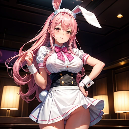  girl　restaurant　waitress　Cute and , Pink Hair,  girl, Ultra-realistic, Detailed lighting, anime, Hold your shotgun、wearing a sukajan　There is a yuri logo　Attractive thighs　Magic Valley