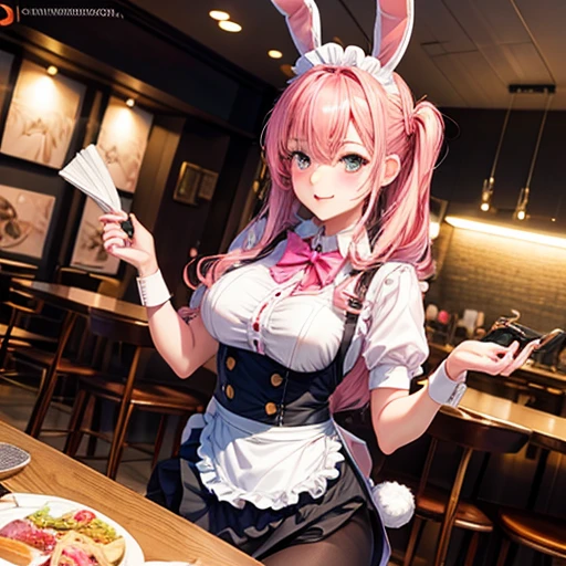 Bunny girl restaurant waitress Cute and sexy girl, Pink Hair, Bunny girl, Ultra-realistic, Detailed lighting, anime, Hold your shotgun、wearing a sukajan There is a yuri logo Attractive thighs Magic Valley