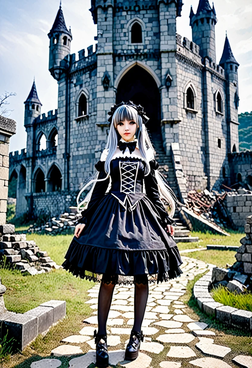 It's like a photo、Full body gothic ta fashion、Tsundere Chara、Dark Elf、Hair is silver、In the background is the ruins of a medieval castle.