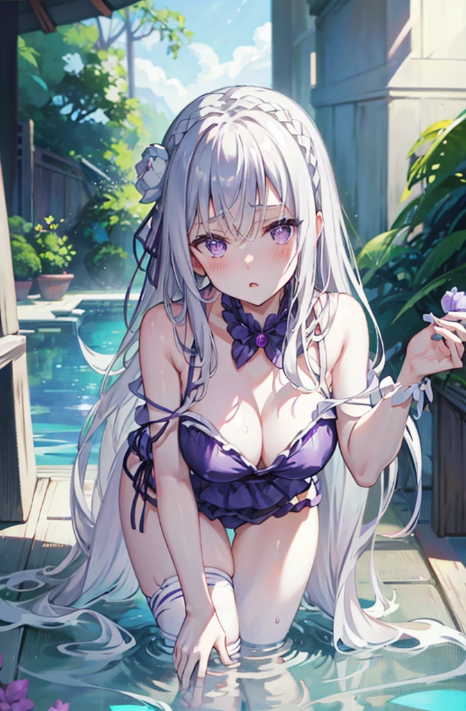1girl, solo, fairy, sitting, flower, large flower, angle view, from above, looking at viewer, lavender, blonde hair, white hair, purple reflections, detailed outfit, butterfly wings, sharp wings, lush wings transparent wings, water, scenery, (light palitre)