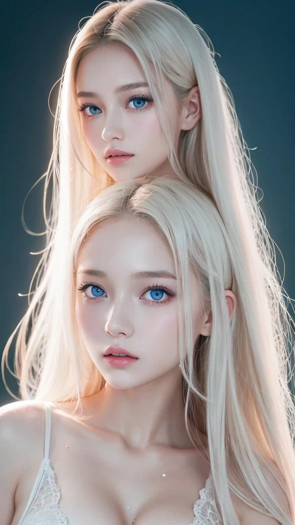 forehead、、Northern Europe、Russia、beautiful girl、Platinum Blonde Hair、Straight long hair、Hitting the face and front of the eyes、Big blue eyes、Sheer white and wet nightgown、Northern Europeの若者、Perfect body、White tendons、Glowing Skin、Young and beautiful skin、A perfect and beautiful little face、Bright makeup、Pale pink lips、Bright expression、16-year-old shirt、lipstick、Deceptive advertising、{vapor}、Viewer's vision、Golden Hour Lighting、Bokeh Atmosphere Perspective、detailed、Movie Light、複雑なdetailed、High resolution、 フェイスデザインのdetailedな特徴、Attention to detail、Clear focus、Smoothness、aesthetics、Printed、Octane、{{masterpiece}}