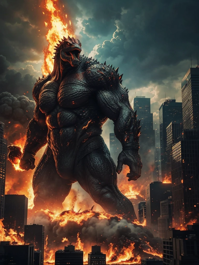 A giant, strong man fights Godzilla. surrounded by flames The picture is bright and clear. The background is morning. Surrounded by buildings