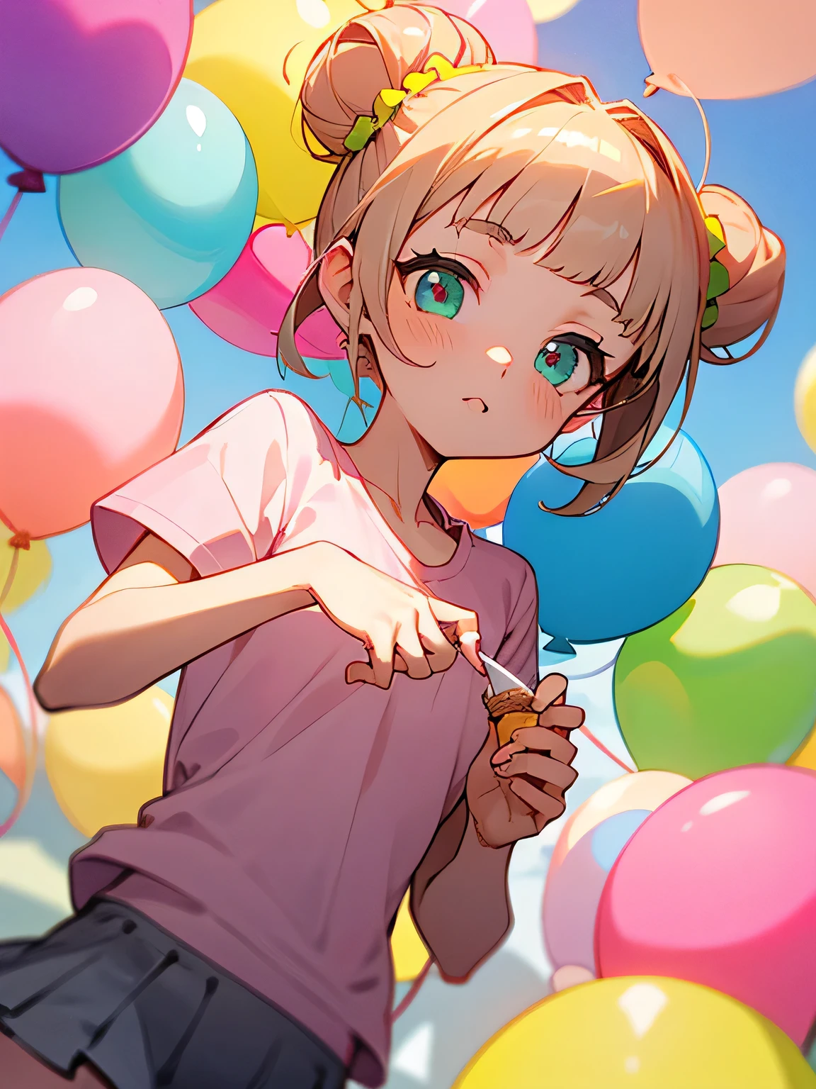 frpm above:1.3,solo,dutch angle,(looking at viewer),close up face:0.6, brown space bun, blunt bangs, pastel pink shirt, Miniskirt,Enchanting chest、soft serve ice cream, blue summer sky, making memories,pastel green balloons, white balloons, pastel yellow balloons,