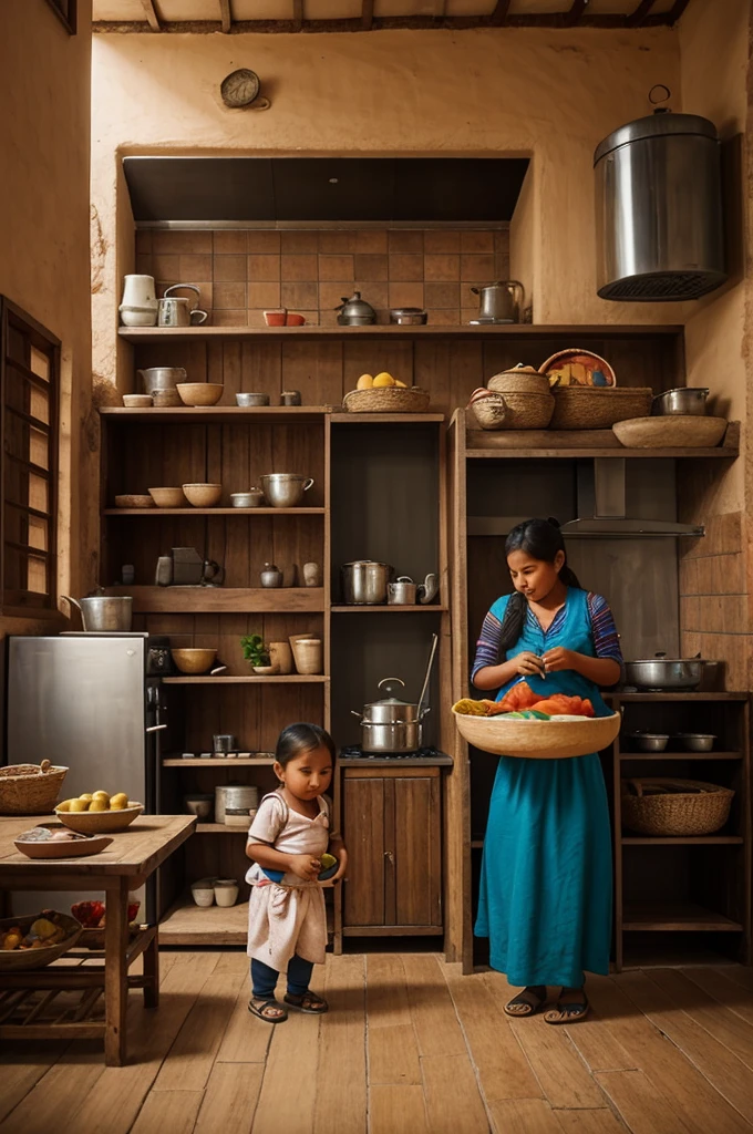 Ayacuchoans close to the screen performing actions such as carrying a baby and cooking on the floor with a place similar to Ayacucho in the background, all animated and drawn.