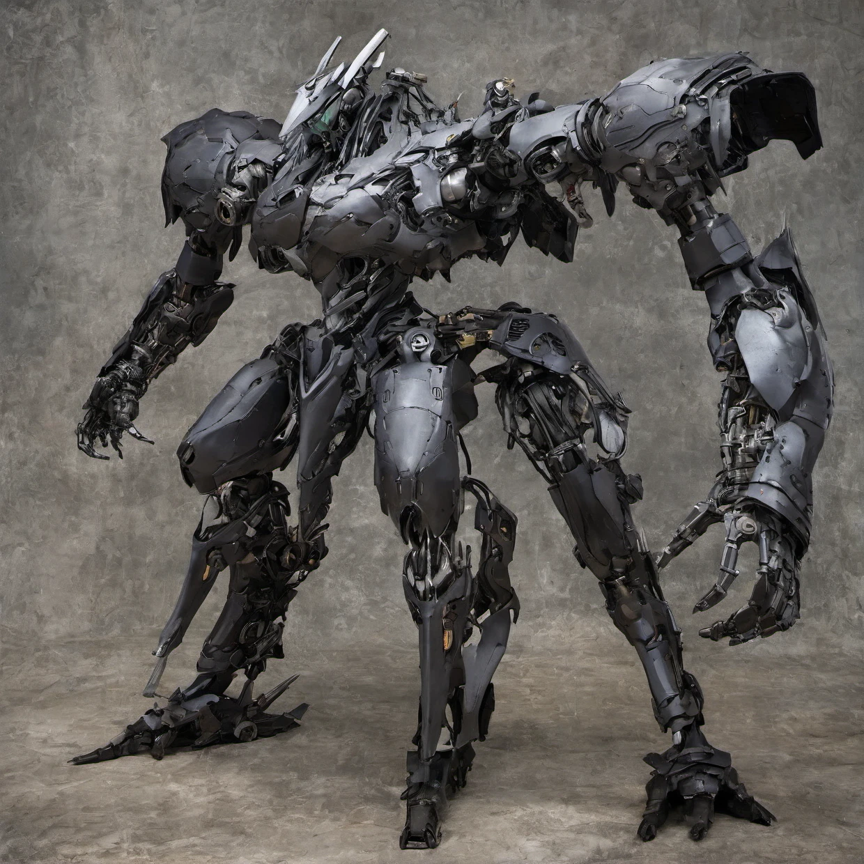 "A sleek, giant robot with intricate details, precise shadows, and realistic textures. The robot has a dark, imposing presence, exuding a sense of heaviness and power. The body is slender yet robust, with meticulously crafted mechanical parts and joints. The overall aesthetic is dark and heavy, emphasizing the robot's formidable and powerful nature."