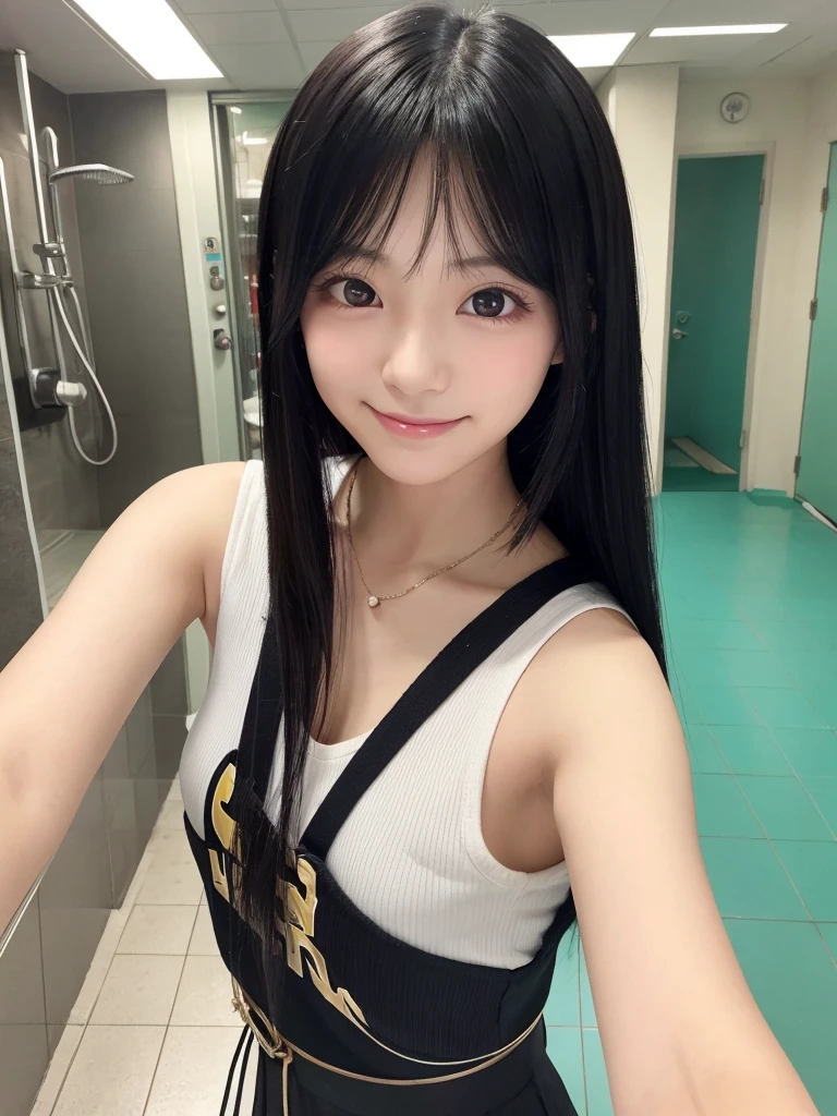 resembling a Japanese idol or J-pop girl group member, with a face like a beautiful anime cosplayer. She has black, straight hair. The photograph has a casual, snapshot quality, with the girl posing for a selfie in a stylish, modern setting. The image captures a clear, her face with a slightly smile expression, emphasizing her kawaii features and Y2K aesthetic, in a woman toilet.