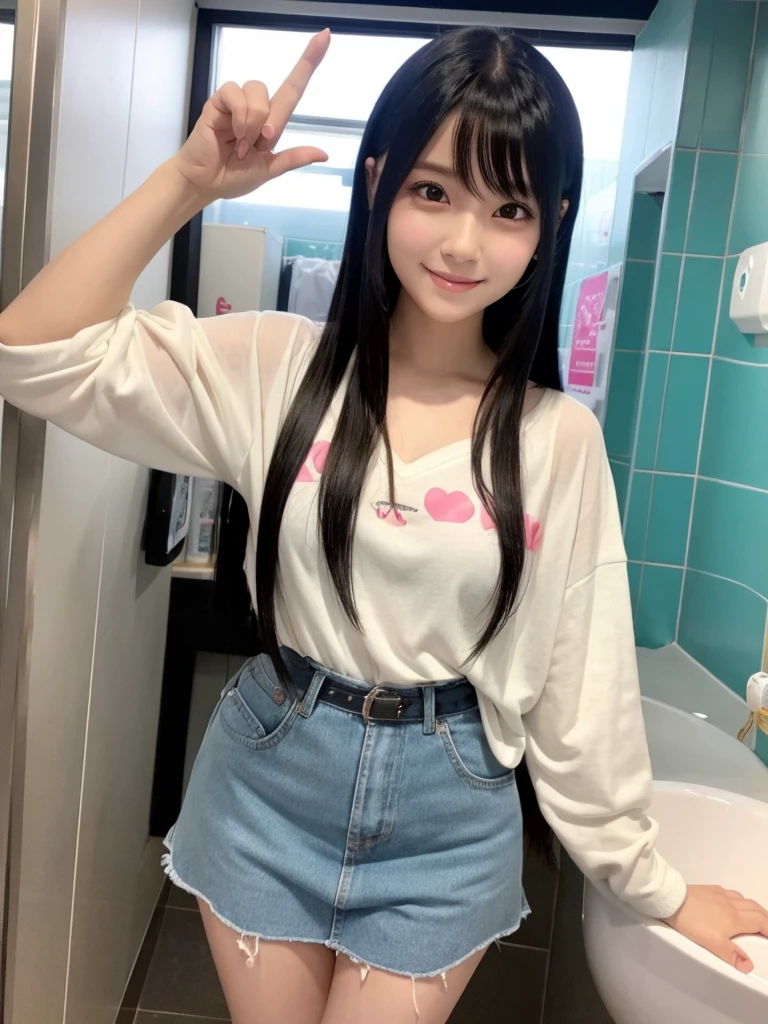 resembling a Japanese idol or J-pop girl group member, with a face like a beautiful anime cosplayer. She has black, straight hair. The photograph has a casual, snapshot quality, with the girl posing for a selfie in a stylish, modern setting. The image captures a clear, her face with a slightly smile expression, emphasizing her kawaii features and Y2K aesthetic, in a woman toilet.