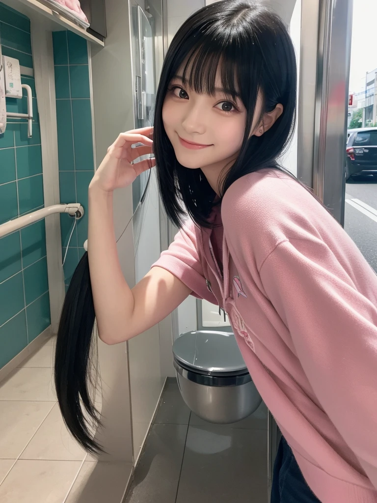 resembling a Japanese idol or J-pop girl group member, with a face like a beautiful anime cosplayer. She has black, straight hair. The photograph has a casual, snapshot quality, with the girl posing for a selfie in a stylish, modern setting. The image captures a clear, her face with a slightly smile expression, emphasizing her kawaii features and Y2K aesthetic, in a woman toilet.