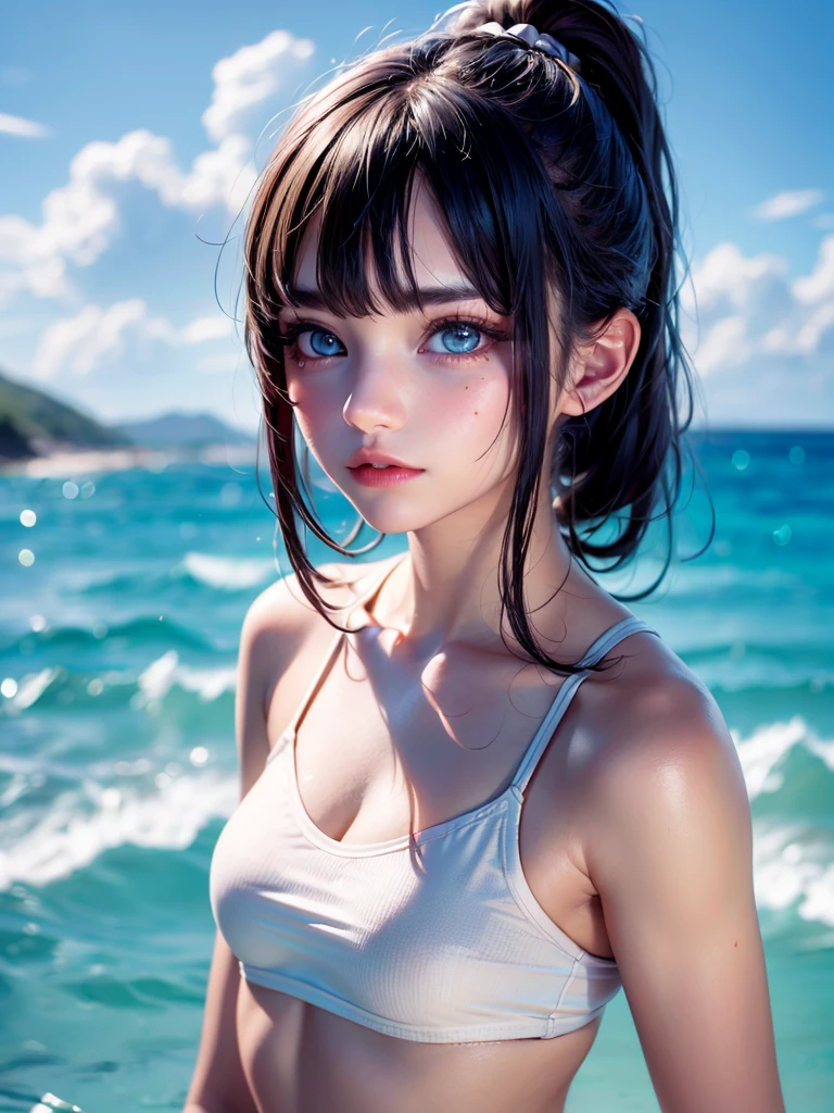One Girl，(1人のとてもcute女の子:1.3)，masterpiece，Highest quality，High resolution，Photorealistic，RAW Photos，Ray Tracing，beautiful girl，(15 years old:1.3)，cute，Big eyes，(detailed pupils:1.2)，(The face is facing straight ahead:1.3)，Body facing forward，Beautiful nose，Fuller lips，Short black hair，ponytail，short hair，Detailed eyelashes，Thin eyebrows，Very fine grain definition，(Symmetrical eyes:1.3)，(Face close-up，Face Focus:1.0)，Small breasts，Short neck，White swimsuit，White Bikini，The background is the sea，Southern Island，Blue sky，White cloud，Portrait，View Viewer，Upper Body，Cinema Lighting，High resolution，Very detailed