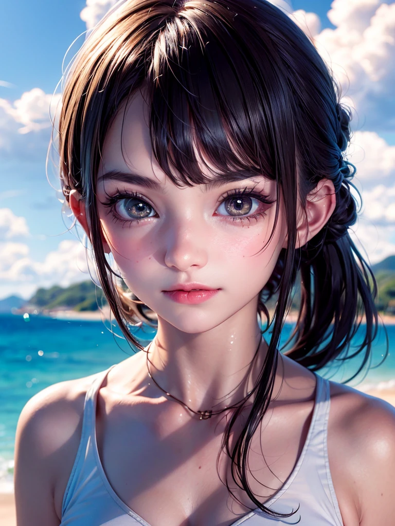 One Girl,(1人のとてもcute女の子:1.3),masterpiece,Highest quality,High resolution,Photorealistic,RAW Photos,Ray Tracing,beautiful girl,(:1.3),cute,Big eyes,(detailed pupils:1.2),(The face is facing straight ahead:1.3),Body facing forward,Beautiful nose,Fuller lips,Short black hair,ponytail,short hair,Detailed eyelashes,Thin eyebrows,Very fine grain definition,(Symmetrical eyes:1.3),(Face close-up,Face Focus:1.0),Small breasts,Short neck,White swimsuit,White Bikini,The background is the sea,Southern Island,Blue sky,White cloud,Portrait,View Viewer,Upper Body,Cinema Lighting,High resolution,Very detailed