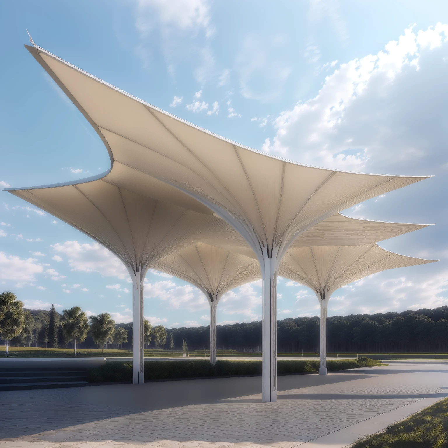 There are many white shade structures on the roadside, Moonlight Rendering, Award-winning shadows, Canopies, overhead Canopy, Covered outdoor stage, tent architecture, Low angle isometric rendering, Detailed rendering, Height Rendering, Calatrava, Rendering in Lumion pro, Rendering in Lumion, Canopy, Concept Rendering, Rendering with V-Ray，Smooth surface