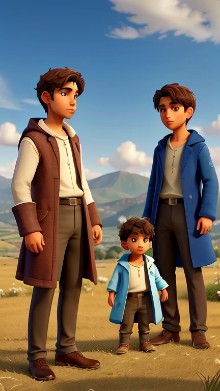 Crie uma imagem evocativa capturando as emoções contrastantes que cercam Joseph, son of Jacob and Rachel. Mostre Joseph em pé entre seus irmãos, their faces marked by envy and resentment, while Jacob looks at him with tender affection. Joseph, dressed in his distinctive coat of many colors, keeps a dreamy look at the sky, hinting at the prophetic dreams that provoked jealousy among his brothers. The scene unfolds in a pastoral setting, with hills and a clear sky, symbolizing the serene dynamic, but turbulent, within this biblical family. The composition must convey the tension between love and animosity, destacando o papel de Joseph como filho querido e portador de revelações divinas que suscitam controvérsia e intriga entre seus parentes.