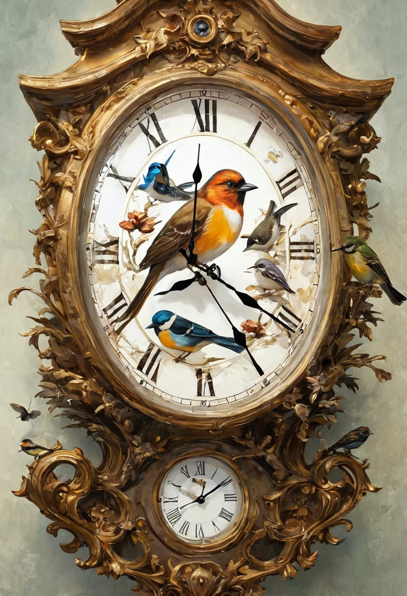 animals, birds and insect coming out of clocks in the style of painter Gregsinksart.