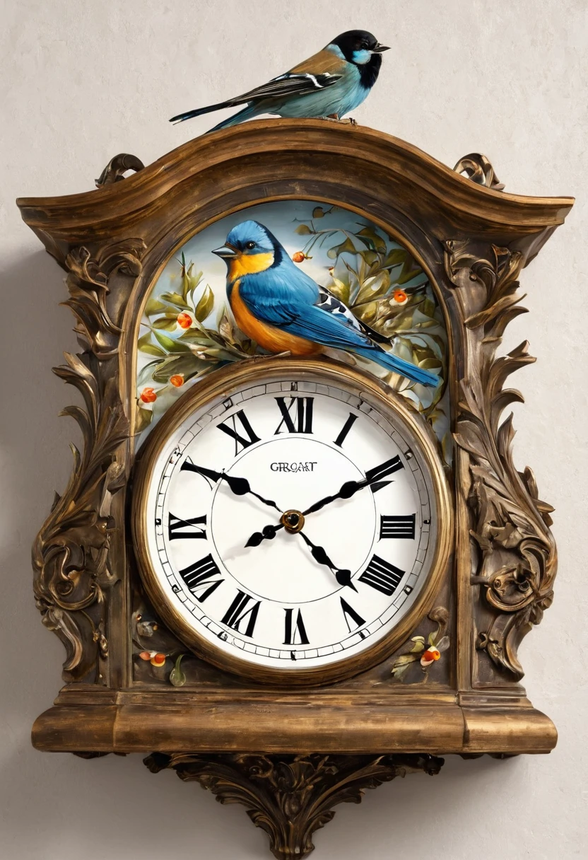 animals, birds and insect coming out of clocks in the style of painter Gregsinksart.