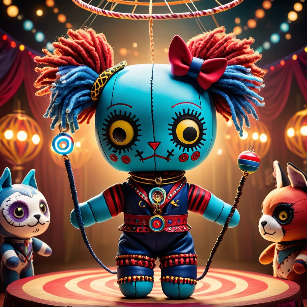 (knitted toy voodoo doll:1.6), (Voodoo Animal Trainer:1.3), (Clothing: circus attire with glowing animal patterns:1.0), (Accessories: enchanted whip emitting magical control aura, levitating circus animals:1.1), (background: mystical circus ring with floating hoops, glowing animal cages, and spectral audience members:1.2), best quality, masterpiece, detailed soft oil painting, detailed background, dramatic cinematic lighting, soft edge lighting, professional, dramatic lighting, hard edge lighting, ultra quality, 4k, masterpiece, best quality, 8k, ultra high definition, high resolution, extremely detailed
