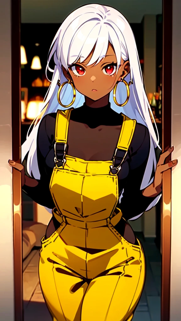 masterpiece, best quality,1girl, ((young girl)), ((large round magical red eyes)), shiny skin, (thin waist), (white hair), ((curvy)), ((wide hips)), ((hoop earrings)), ((small)) , (((yellow overalls))), hot, soft natural lighting, reflections, bright illuminations, deep dark black skin, ((yellow outfit))