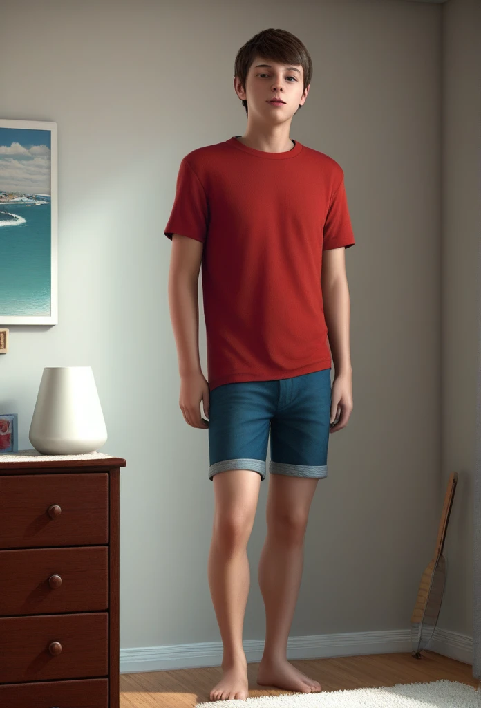NSFW, (((Realistic graphics))), (((realistic textures))), realistic face features, realistic body proportions, 1 boy, shaved, brown hair, tight red tshirt, no pants, no underwear, small penis, (((tiny penis))), detailed penis, in bedroom, detailed bedroom, full body view