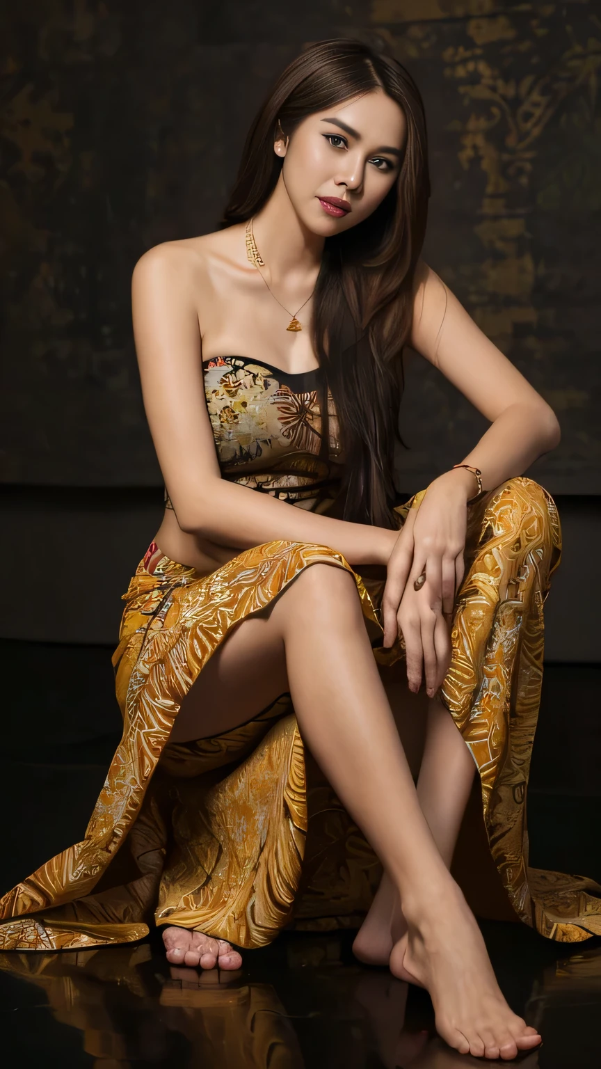 ((Best quality, 8k, Masterpiece :1.3)), beauty. Hidden face. ((Indonesian artist)). Perfect body sexy, ((Long brown hair. Necklace)). _make-up face. lipstick
((Batik sarong skirt)). ((Strapless tube top)), long legs_full body. Erotic pose. Sit down. Under the floor. ((Dark background))