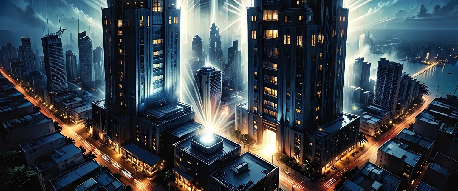 (outside of a skyscraper),light beams should be clearly visible, highlighting the dusty air, night, dark,
the light is only from a skyscraper, tropical, top view, palm, ((bird's-eye view)),
skyscraper, fog, tropical island, ((illuminated window with bright light streaming out)), casting rays that penetrate the darkness, graphic style of novel comics, 2d, 8k, hyperrealism, masterpiece, high resolution, best quality, ultra-detailed, super realistic, Hyperrealistic art, high-quality, ultra high res, highest detailed, lot of details, Extremely high-resolution details, incredibly lifelike, colourful, soft cinematic light,