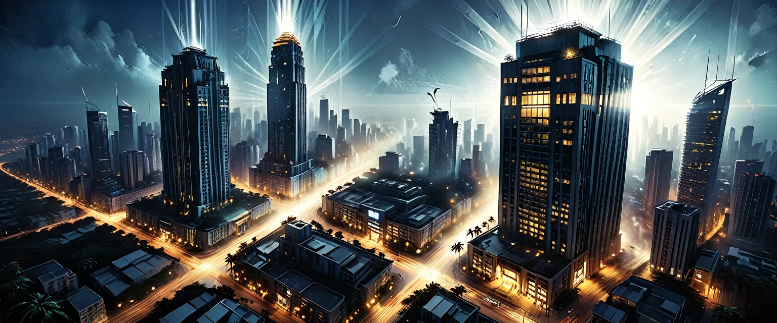 (outside of a skyscraper),light beams should be clearly visible, highlighting the dusty air, night, dark,
the light is only from a skyscraper, tropical, top view, palm, ((bird's-eye view)),
skyscraper, fog, tropical island, ((illuminated window with bright light streaming out)), casting rays that penetrate the darkness, graphic style of novel comics, 2d, 8k, hyperrealism, masterpiece, high resolution, best quality, ultra-detailed, super realistic, Hyperrealistic art, high-quality, ultra high res, highest detailed, lot of details, Extremely high-resolution details, incredibly lifelike, colourful, soft cinematic light,