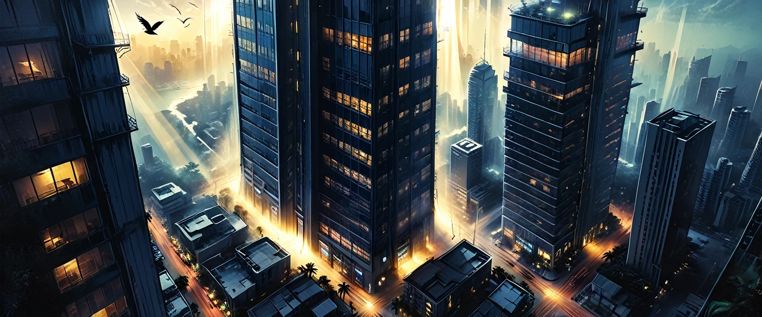 (outside of a skyscraper),light beams should be clearly visible, highlighting the dusty air, night, dark,
the light is only from a skyscraper, tropical, top view, palm, ((bird's-eye view)),
skyscraper, fog, tropical island, ((illuminated window with bright light streaming out)), casting rays that penetrate the darkness, graphic style of novel comics, 2d, 8k, hyperrealism, masterpiece, high resolution, best quality, ultra-detailed, super realistic, Hyperrealistic art, high-quality, ultra high res, highest detailed, lot of details, Extremely high-resolution details, incredibly lifelike, colourful, soft cinematic light,
