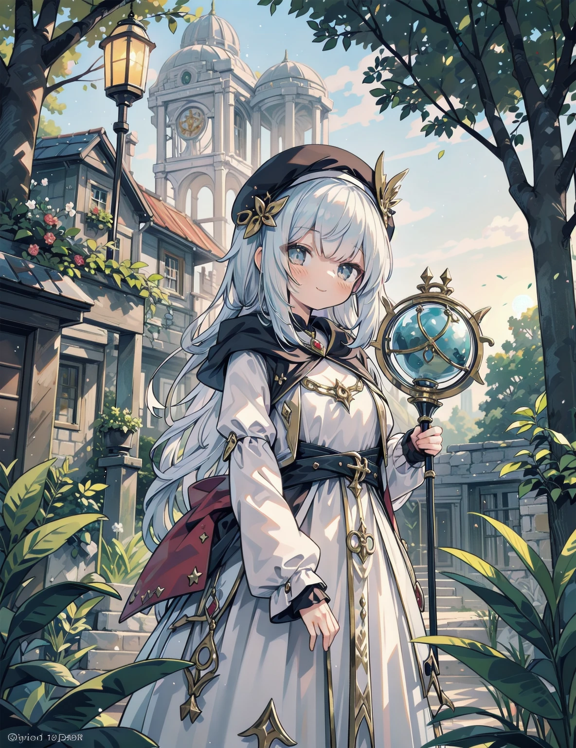 natural lighting, dusk, down, light smile, upturned cheeks, slightly shining hair, half up do, beret, hair ornament, alchemist, atelier series, large staff, gold, silver, Gemstones, brilliance, precious, 1girl, solo, fantasy landscapes, Scholarly, intellectual, floating light, magnificent, splendid,