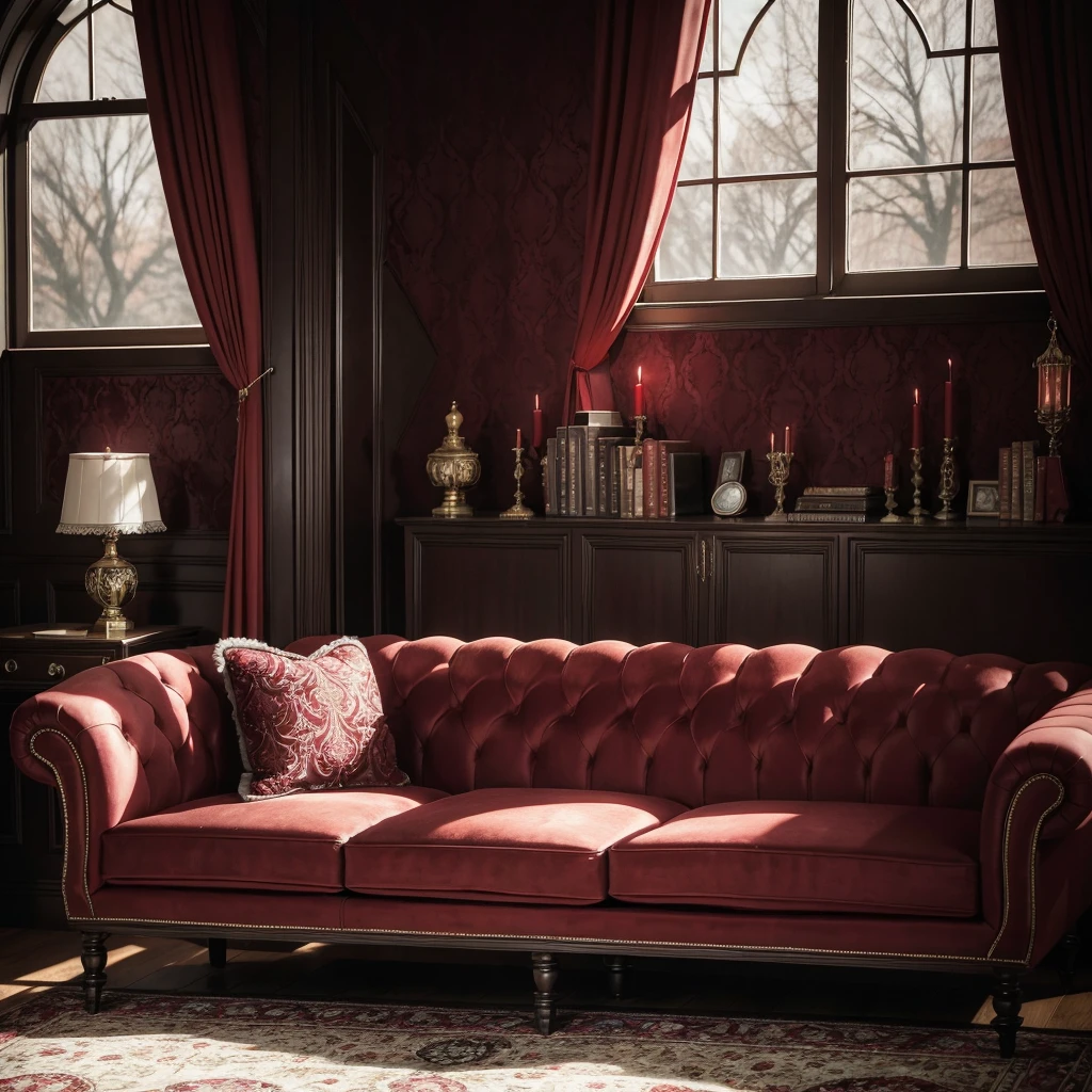 Dracula in the picture, a highly detailed and realistic Dracula's castle vintage living room, large windows with late afternoon sunlight, suede red sofas, tv set, intricate textures, warm color tones, HDR, 8K, photorealistic, masterpiece, cinematic lighting, elegant and refined interior design, must show Dracula  the vampire looking menacing, blood on his fangs 